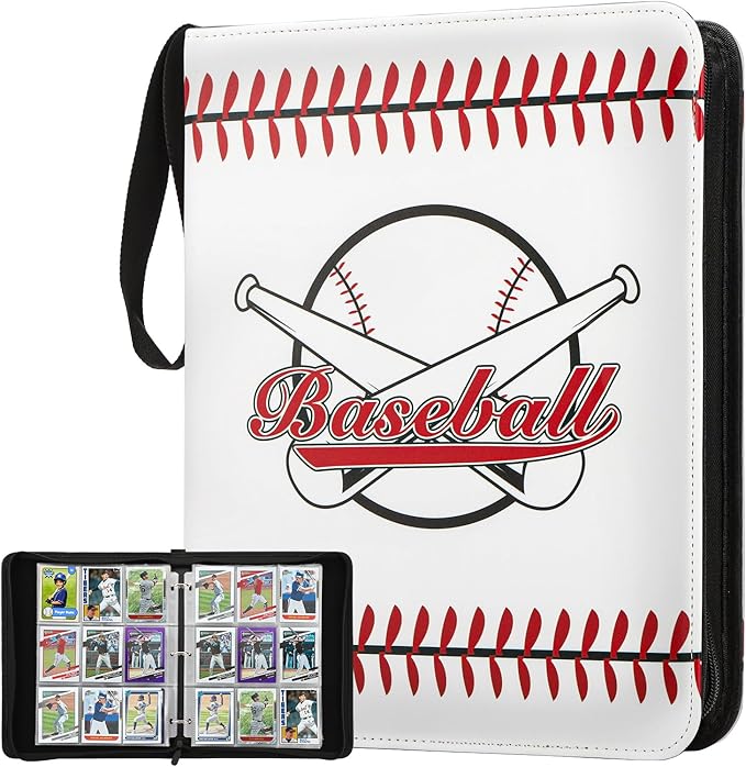 Trading Card Binder with Sleeves 9 Pocket Premium 720 Double Sided Pocket PU Card Collection Binder, Collectible Albums Card Folder for MTG, TCG, Sports Cards（9-White baseball）