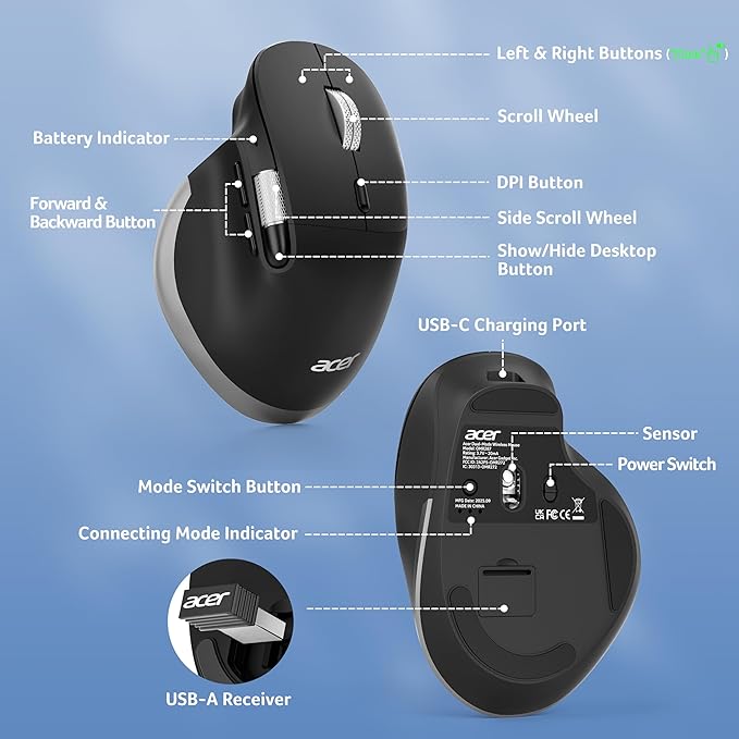 acer Ergonomic Mouse Wireless Rechargeable with Side Scroll (BT5.2+2.4GHz), Bluetooth Computer Mouse for Laptop, Medium to Large Sized Hands, Office USB Mice, 8 Buttons, 4800 DPI for PC, Desktop