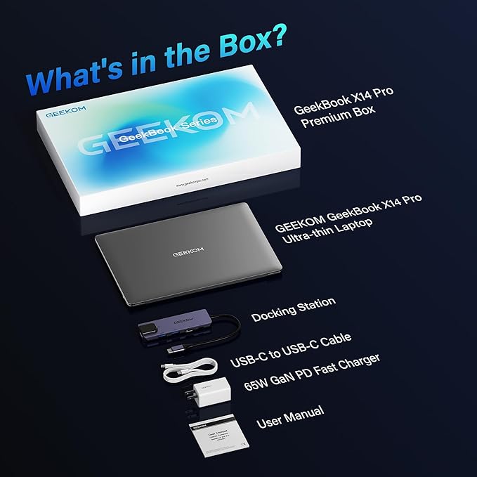 GEEKOM GeekBook X14 Pro Laptop, 2.2lbs Ultra Thin 14" 2.8K OLED Laptop Computer, Ultra 9 185H, 32GB LPDDR5x 7500MHz RAM 2TB SSD, Up to 16 Hour, 2X USB4, Fingerprint, Hub, Copilot, Windows 11 Pro