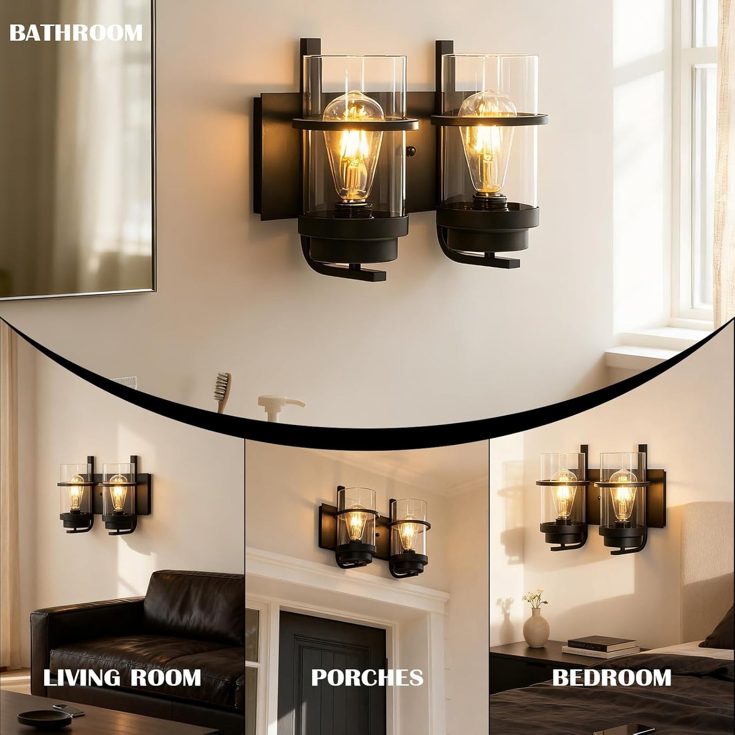 Bathroom Vanity Light Fixtures,2 Light Bathroom Vanity Lights,Black Farmhouse Sconce Over Mirror(Bulbs not Included)