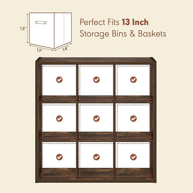 Furinno Cubicle Record Player Stand with Vinyl Storage, 9-Cube 1.2 Extra Thick Vinyl Record Storage, Open Back Media Shelf for CD DVD Blueray Game Disc, for Living Room, Home Office, Amber Pine