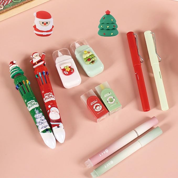 7 Pcs Cute Xmas Stationery Set Kawaii Christmas School Supplies Office Supplies Including Ballpoint Pens Pencil Sharpener Highlighter Correction Tape Eraser (X-mas(Red))