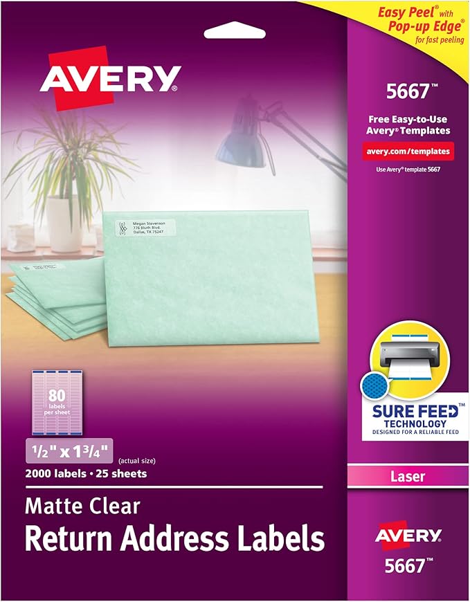 Avery Matte Clear Return Address Labels, Sure Feed Technology, Laser, 1/2" x 1-3/4", 2,000 Labels, 5 Packs (5667)