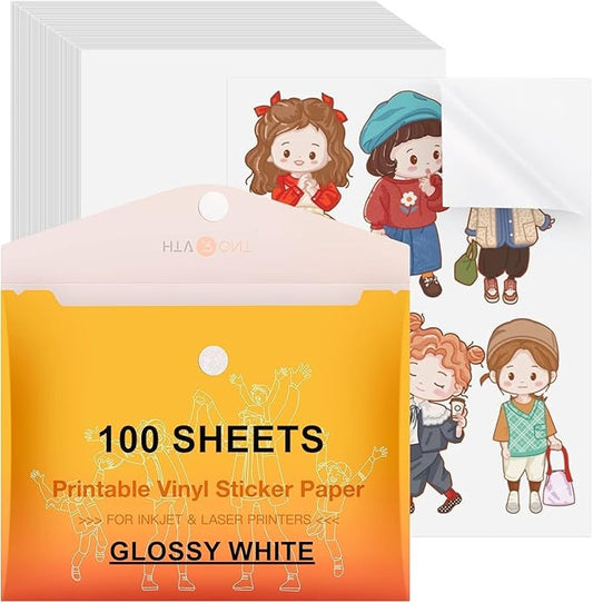 HTVRONT Printable Vinyl Sticker Paper, 100 Sheets Glossy Waterproof Sticker Paper For Inkjet Printer Dries Quickly-Standard Letter Size 8.5"X11"