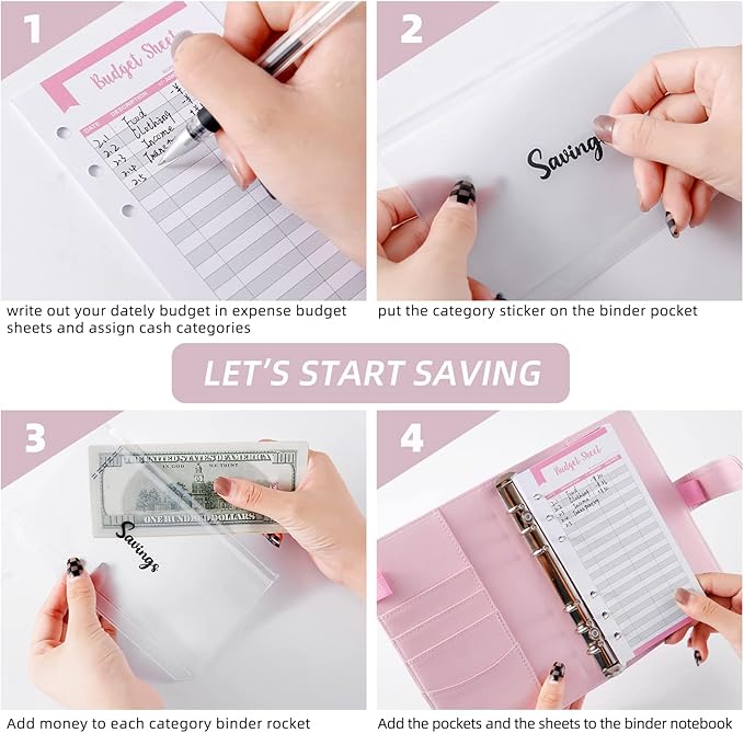 NICOOTHBudget Binder Cash Envelopes A6 Money Saving Binder with Zipper envelopes (Pink)