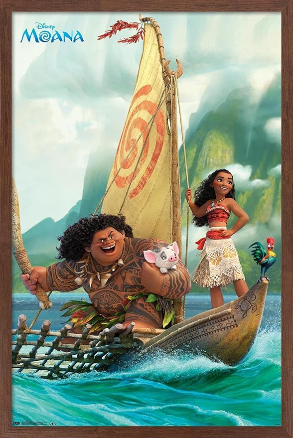 Disney Moana - Group Wall Poster, 34L" x 22.4W", Mahogany Framed Version