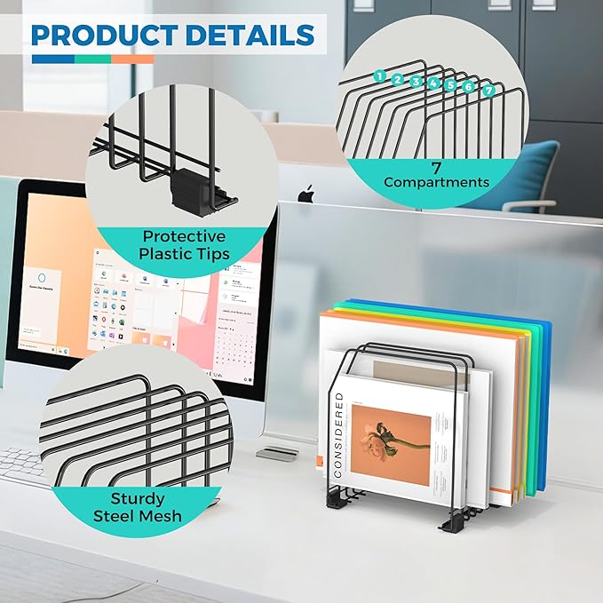 File Organizer for Desk, 7-Section Vertical File Sorter, Paper Holder Organizer Standing Metal File Folder for Office Home Classroom, Black
