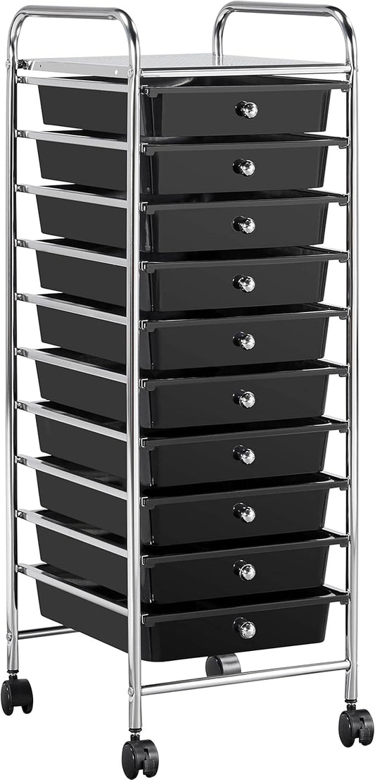 Yaheetech Rolling Cart Organizer Plastic Trolley with 10 Storage Drawers Utility Cart on Wheels Art Craft Organizer Ample Storage Space, Black