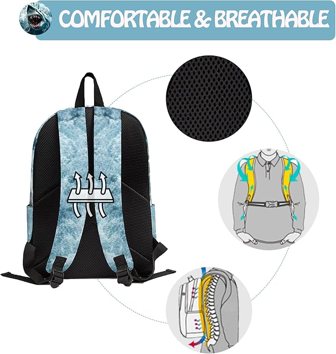 Shark 3PCS Backpack Set for Teens Elementary Middle High School, 17 Inch Lightweight Classic Bookpack 3 in 1 Set for Girls Boys, Kids Back to School Backpack with Lunch Box Pencil Case