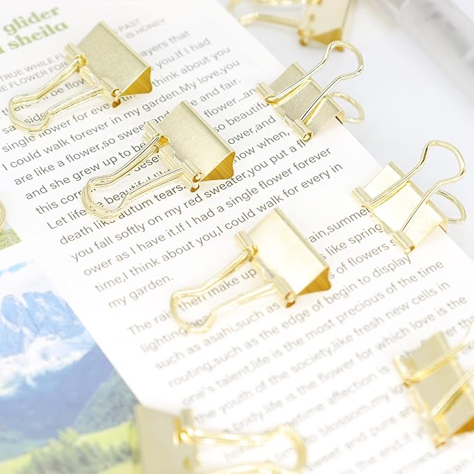 Gold Binder Clips, Mini Paper Clip, Small Paper Clamps 15mm (5/8 inch), 100 Pack Micro Size Office Clips for Home School and Business (Gold)