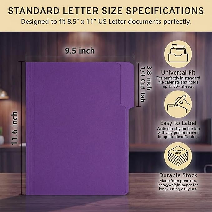 150 Packs Purple File Folder,File Folders Letter Size,1/3-Cut Tabs,8.5x11 Inch File Folders for Office,School and Home,Organizer Documents