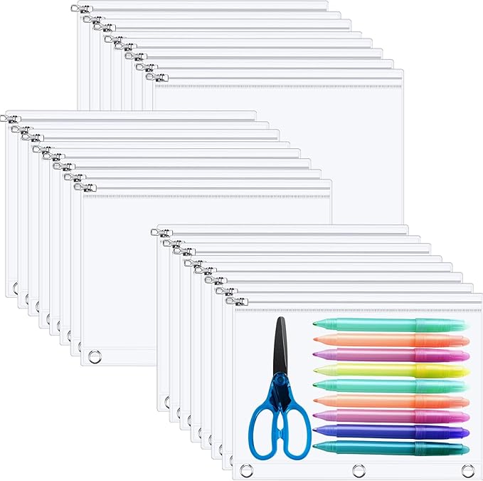Lincia 48 Pack Clear Pencil Pouch for 3 Ring Binder Pencil Case with Zipper 3 Ring Binder Pocket Insert Bag 10 x 7'' Visible Cash Envelope with Re-enforced Grommet for Office (Clear)