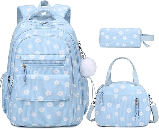 Bevalsa Backpack for Gilrs, 3PCS Corduroy Kids Backpack Set with Lunch Box & Pencil Pouch, Bookbag Daypack Laptop Bag for Women Teens Elementary Middle High School