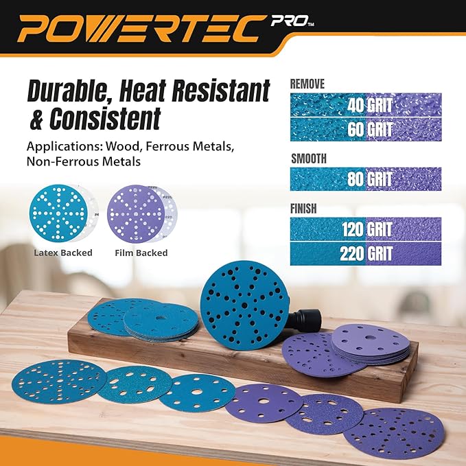 POWERTEC PRO 46100C-150 6 Inch 49 Holes Sanding Disc, 150PK, 50 Each of 80/120/220 Grit, Ceramic Hook and Loop Backing Discs for Festool Random Orbital Sanders - Automotive, Paint, Metal, Woodworking