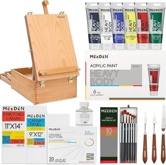 MEEDEN Acrylic Paint Set - 35 PCS Painting Kits for Adults with Tabletop Sketch Box Easel, Paint Brushes, Heavy Body Acrylic Paints, Canvas & Accessories - Premium Art Supplies for Beginners & Artists