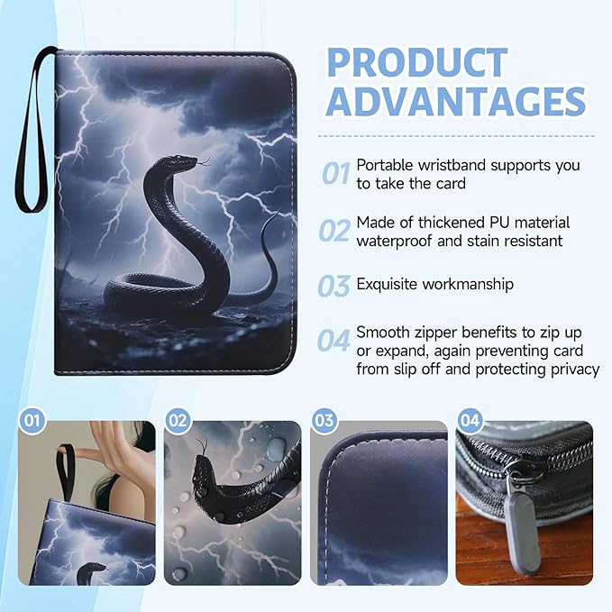 Cool Black Serpent Trading Card Binder 9 Pocket PU Case with 900 Side-Loading Pockets, Removable Sleeves Perfect for Storing Game Cards, Sports Cards, Business Cards