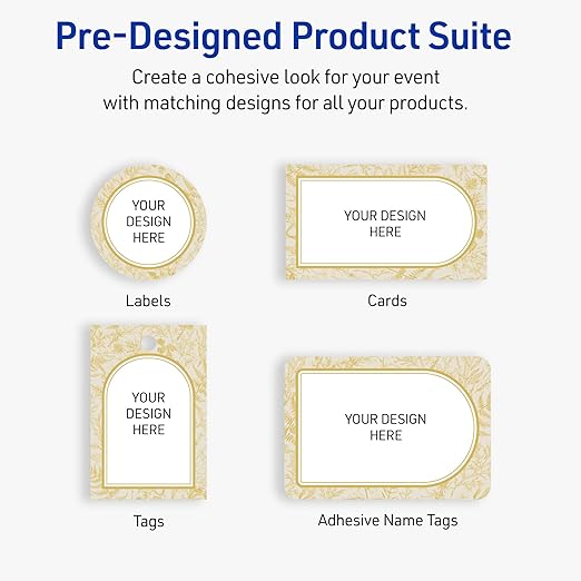 Avery Printable Adhesive Name Badges, 2-1/3" x 3-3/8", Pre-Printed Arched Metallic Gold Florals Design, Matte White, Laser & Inkjet Compatible, 80 Total