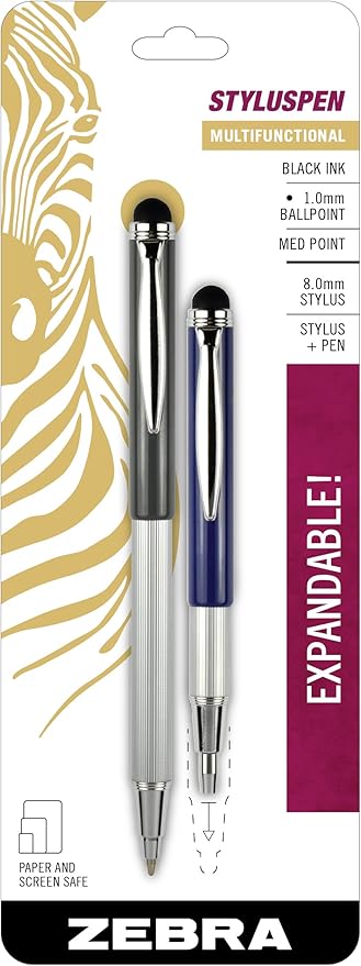 Zebra Pen, StylusPen, 1.0mm Black Ink Ballpoint Pen with 8.0mm Stylus, Expandable Compact Design for Pockets and Purse, Dual-Purpose Touchscreen Tool, 2-Pack (33602)