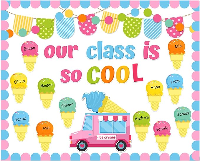 Epakh Summer Ice Cream Bulletin Board Set Our School is So Cool Classroom Decorations Ice Cream Paper Cutouts with Borders for Door Wall School Summer Birthday Party Supplies