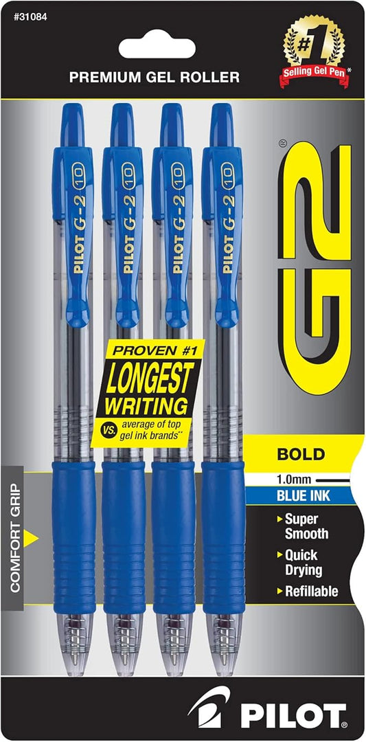 Pilot, G2 Premium Gel Roller Pens, Bold Point 1 mm, Pack of 4, Blue