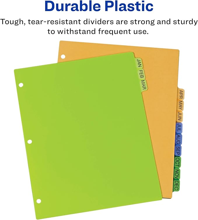 Avery Pre-Printed Jan-Dec Plastic Dividers for 3 Ring Binders, 12-Tab Sets, Multicolor, 24 Sets, 288 Divider Tabs (11331)
