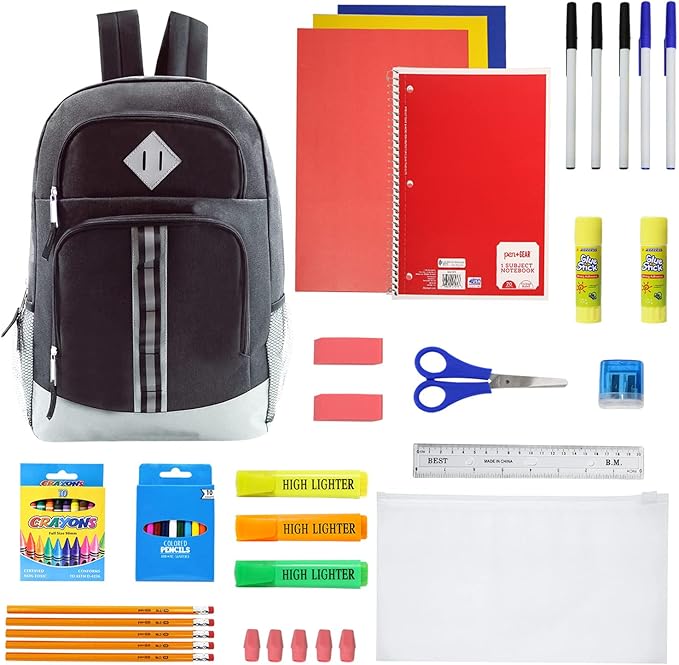 6-Pack 18” Sport Backpacks with 50 Piece School Supplies Kits - Pens, Pencils, Crayons – Bulk Bundle for Elementary, Middle, and High School Students