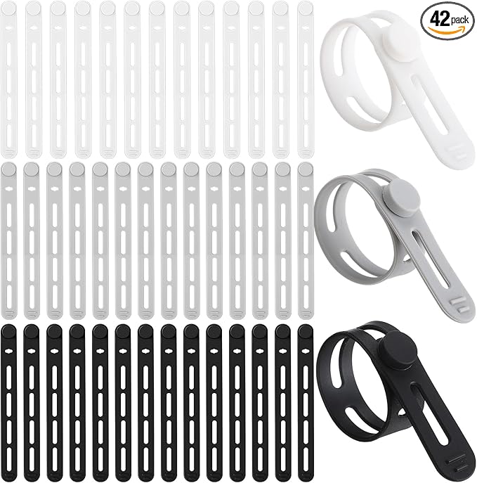 42 Pcs Silicone Cable Ties Reusable Cord Straps Multipurpose Elastic Cable Organizer for Bundling Fastening Earphone Phone Charger Home Office School(Black White Grey)