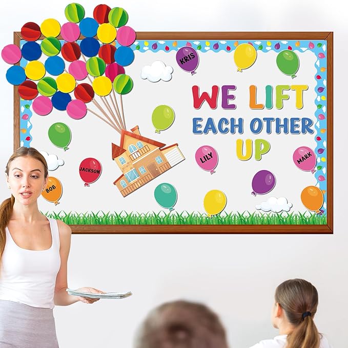 123Pcs Colorful Balloons Bulletin Board Set Mix Adventure Balloon Cloud Cutout Borders Name Tags Decoration Set Classroom Back to School Blackboard Decorations for Preschool Kindergarten Elementary