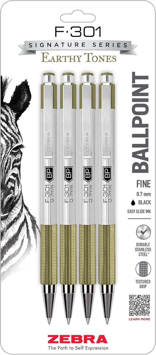 Zebra Pen F-301 Signature Series Retractable Ballpoint Pen, 0.7mm, Black Easy-Glide Ink, Stainless-Steel Barrel with Sage Earth Tone Accents, Ideal for Office, Journal and Planner Use, 4-Pack (27244)