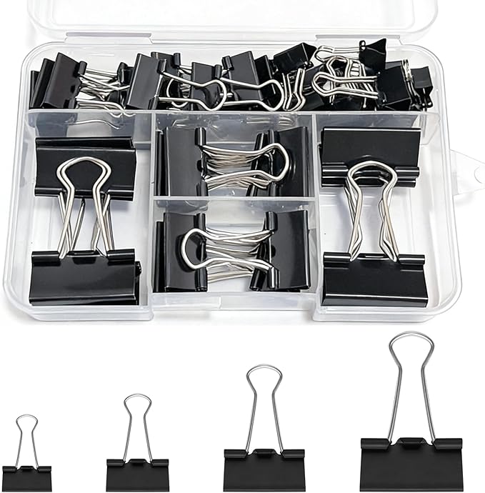 60PCS Black Binder Clips Assorted Sizes, 4 Size Assortment-Includes Large, Medium, Small, Mini Metal Clips(1.26”, 1.1”, 0.75”, 0.6”), Heavy-Duty Metal Paper Clamps for Office & School Supplies