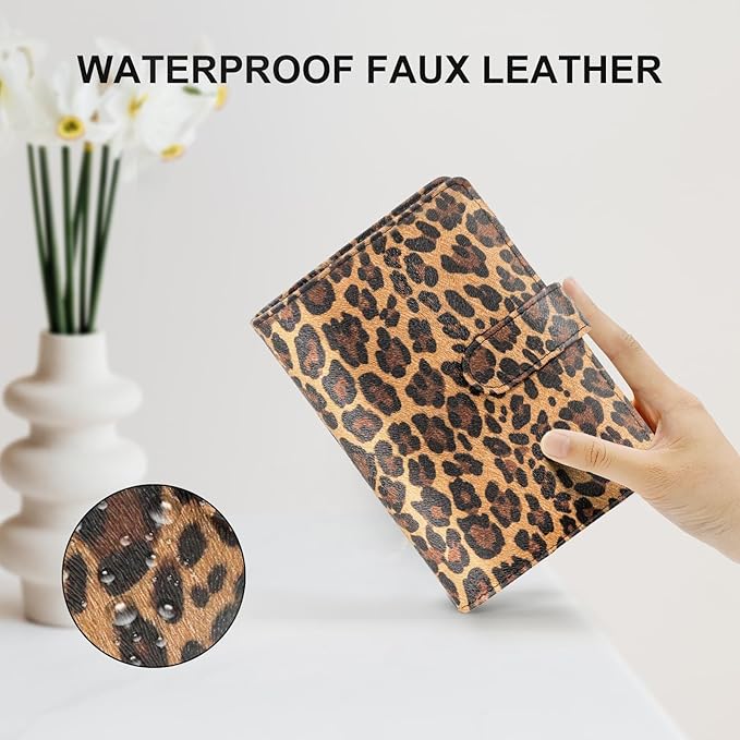 A6 Refillable 6 Ring Faux Leather Budget Binder,Mini Notebook Binder Cover for A6 Filler Paper,Loose Leaf Personal Planner Cover with Magnetic Buckle Closure (Leopard)