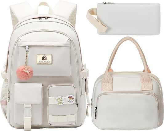 School Backpack for Teen Girls Women College Laptop Backpacks Kids Cute Bookbag Set with Lunch Box Pencil Case Elementary Middle High Campus Bag 3 Pcs Students Bookbags Sets Travel Daypack-Beige