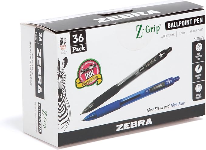 Zebra Pen Z-Grip Retractable Ballpoint Pen, Smooth-Flowing Black and Blue Ink, 1.0mm Medium Point, School & Office Supplies, Ideal for Note-Taking, Journal and Planner Use, 36-Pack (24036)