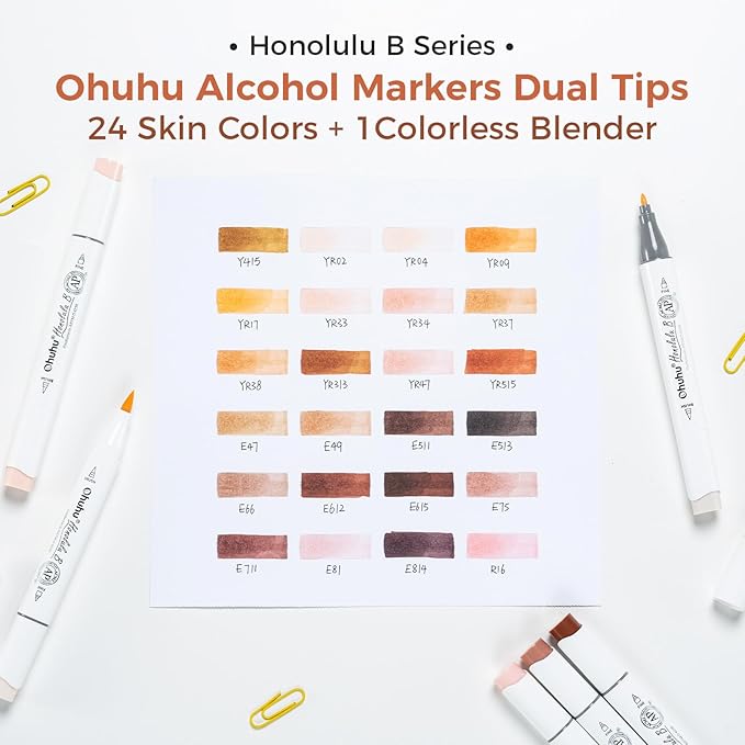 Ohuhu Skin Tone Alcohol Markers Brush Tip - 24 Portrait Skin Color Markers for Artist Adults Coloring Illustration - Fine and Brush Dual Tips - Honolulu B - Refillable - AP Certificated