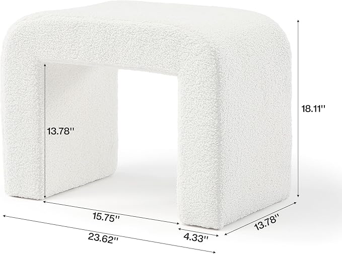 Tribesigns Foot Rest for Couch, Modern Faux Sherpa Ottoman Foot Stool, Large Boucle Vanity Stool Chair, Arched Shoe Bench or Entryway, Upholstered Extra Seating for Living Room, Fully Assembled, White