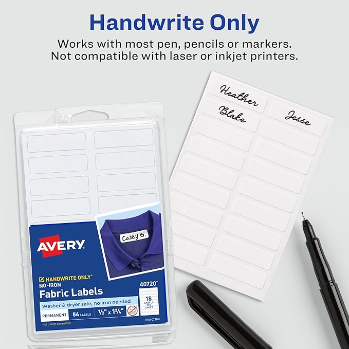 AVERY No-Iron Fabric Labels White | Washer and Dryer-Safe | Handwrite with Marker | 1/2" x 1-3/4" | 54 Labels, Pack of 18