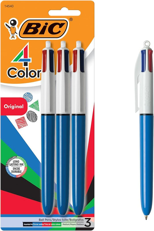 BIC 4-Color Original Retractable Ball Pens, Versatile 1.0mm Medium Point, Long-Lasting Ink, Great Gift Idea, 3-Count in Assorted Colors