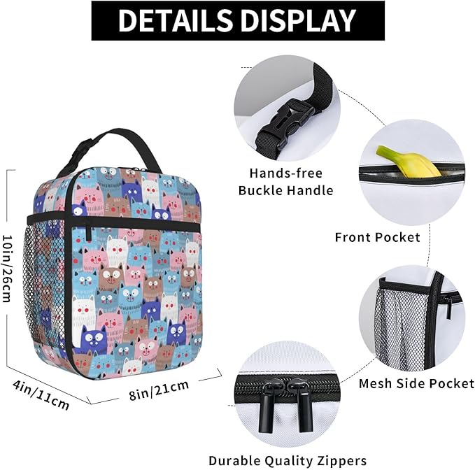 Cute Colorful Cats Insulated Lunch Bag,Kids Lunch Box For Girls Boys Teen,Kid Lunch Box Containers Cooler Bag With Front Pocket For Women Men,Reusable Lunch Tote Bag Lunchbox For School/Work/Picnic