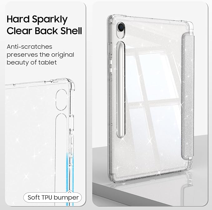 Fintie Slim Case for Samsung Galaxy Tab S10 Lite/ S10 FE/ S9 FE 5G 10.9 Inch/Tab S9 11 Inch with S Pen Holder, Glittering Sparkly Shockproof Cover with Shiny Clear Back Shell, Auto Wake/Sleep, Silver