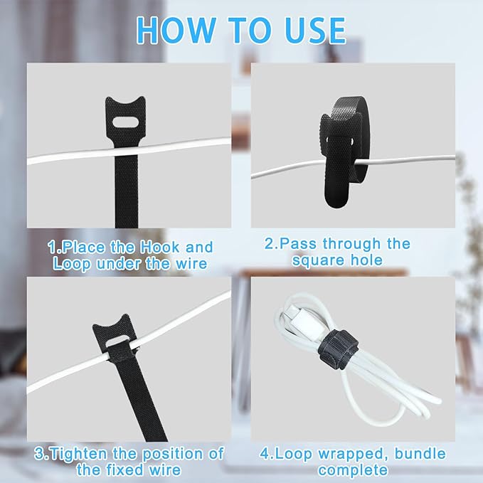 100pcs Reusable Cable Ties 7.8 In |Adjustable Cord Straps&Wire Wraps|Hook and Loop Cable Management Organizer