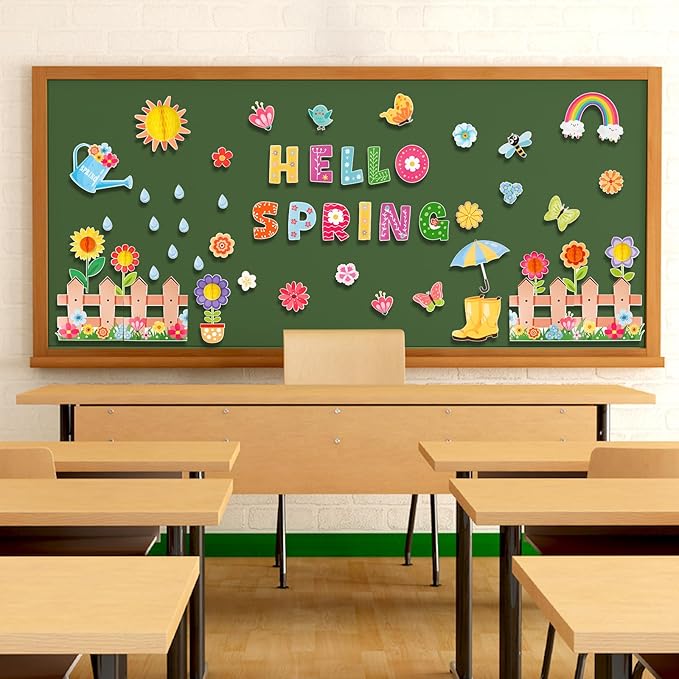 Konsait Spring Bulletin Board Decorations, 59Pcs Raindrop Flower Hello Spring Bulletin Board Decorations Set, Spring Cutouts for Classroom Office Home Wall Blackboard Door Decorations
