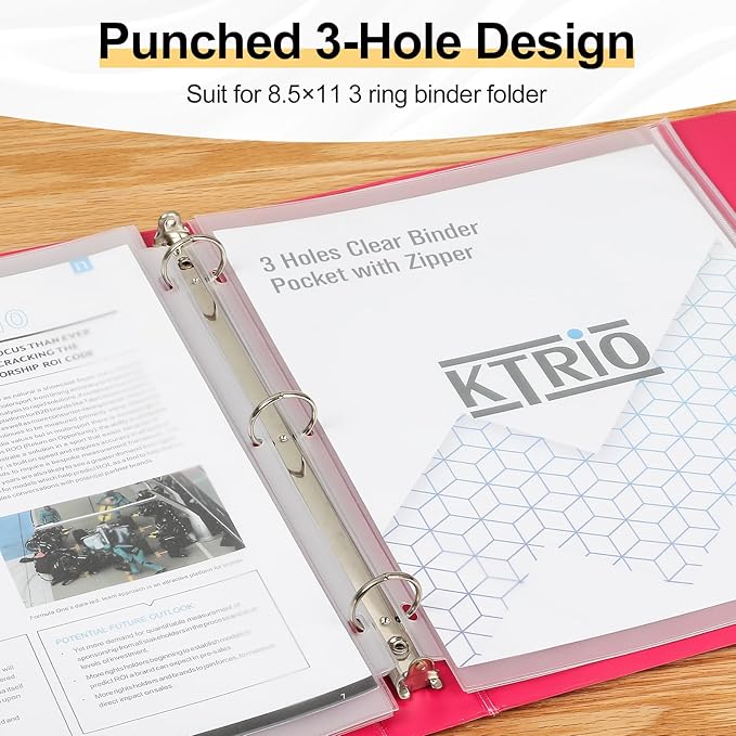 KTRIO Letter Size Binder Pockets 3 Ring Binder Zipper Pouch 24 Pack, 3 Holes Clear PVC Loose Leaf Bags 8.5"×11" Document Folders for Business Office School Supplies