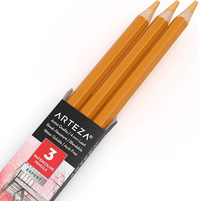 Arteza Professional Watercolor Pencils, Pack of 3, A105 Honey, Water-Soluble Pencils for Coloring, Blending, Layering & Watercolor Techniques