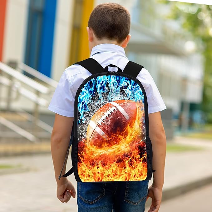 3PCS Football Backpack Set for Boys, Lightweight Large Backpack with Lunch Box & Pencil Case, Cool Sport Bookbag for Kids, Back to School Backpacks for Elementary & Middle School - 01