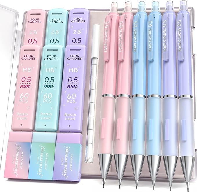 Four Candies Mechanical Pencil Set - 0.5 mm (Fine Point), 6PCS Cute Pencils Mechanical with 360PCS (HB & 2B) Lead Refills & 12PCS Erasers & 1PCS Storage Case, Pastel Aesthetic Lead Pencils for School