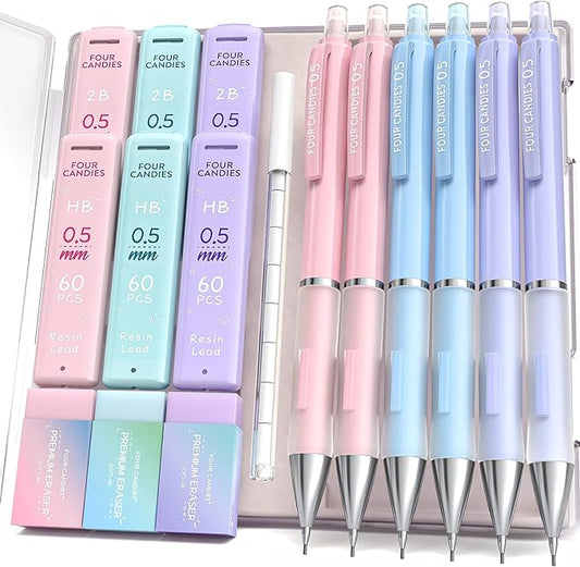 Four Candies Mechanical Pencil Set - 0.5 mm (Fine Point), 6PCS Cute Pencils Mechanical with 360PCS (HB & 2B) Lead Refills & 12PCS Erasers & 1PCS Storage Case, Pastel Aesthetic Lead Pencils for School