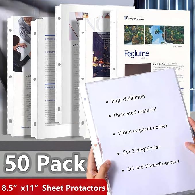 Sheet Protectors 8.5 x 11 inch Clear Page Protectors for 3 Ring Binder,50 Pack Plastic Sleeves for Binders，Top Loading Plastic Sleeve for Binders, Letter Size, documents and Photos, Office Supplies.
