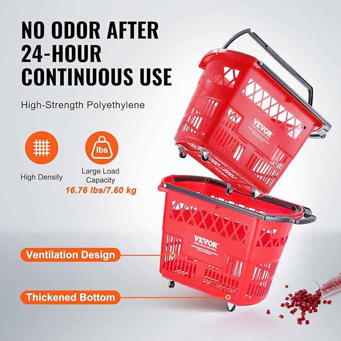 VEVOR 6 PCS Shopping Baskets, 39L Large Plastic Rolling Shopping Basket with Wheels, Shopping Carts with Handles, Portable Shopping Basket Set for Supermarkets, Grocery Shopping, Retail Stores, Red