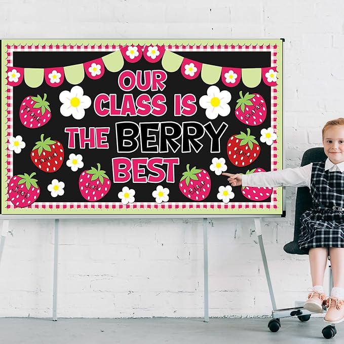ZOIIWA Back to School Strawberry Bulletin Board Decorations Berry Flower Classroom Decor Bulletin Board Borders Pink Paper Cutouts Set for Teacher School Office Supplies Summer Spring Party Wall Decor