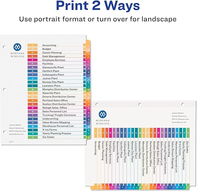 Avery A-Z Dividers for 3 Ring Binders, 26 Tabs per Set, Customizable Table of Contents, Multicolor Tabs, Great for Organizing Reports, Projects, and More (11125)
